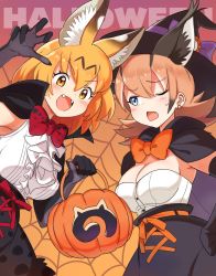 Rule 34 | 2girls, :3, alternate costume, animal ears, bare shoulders, black cape, black gloves, black skirt, blue eyes, blush, bow, bowtie, cape, caracal (kemono friends), center frills, claw pose, commentary request, cowboy shot, earrings, elbow gloves, extra ears, fang, fangs, frills, gloves, halloween bucket, halloween costume, hands on own hips, high-waist skirt, highres, jewelry, kamuraaa 615, kemono friends, multiple girls, one-piece swimsuit, open mouth, orange neckwear, red neckwear, serval (kemono friends), serval print, shirt, silk, skirt, sleeveless, spider web, swimsuit, traditional bowtie, vampire costume, white shirt, witch, yellow eyes