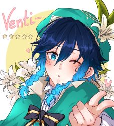 Rule 34 | 1boy, androgynous, beret, blue eyes, blue hair, blush, bow, braid, brooch, cape, character name, collared cape, collared shirt, english text, flower, frilled sleeves, frills, gem, genshin impact, gradient hair, green hat, hat, hat flower, heart, highres, illu nis, jewelry, leaf, long sleeves, looking at viewer, male focus, multicolored hair, one eye closed, open mouth, pointing, pointing at viewer, shirt, short hair with long locks, simple background, solo, star (symbol), twin braids, venti (genshin impact), white flower, white shirt
