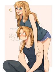 Rule 34 | 1boy, 1girl, aiphelix, blonde hair, blue eyes, blush, edward elric, fullmetal alchemist, highres, long hair, looking at viewer, simple background, sitting, smile, standing, winry rockbell, yellow eyes