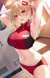 Rule 34 | 1girl, armpits, arms up, blonde hair, blush, breasts, buruma, hair ornament, hair ribbon, highres, indoors, large breasts, locker, looking at viewer, lycoris recoil, medium hair, navel, nishikigi chisato, official alternate costume, parted lips, red buruma, red eyes, red ribbon, red sports bra, ribbon, smile, solo, sports bra, stomach, thighs, track and field, two-tone sports bra, xe (execut3r)