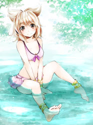 Rule 34 | 1girl, alternate costume, anklet, barefoot, bikini, bikini skirt, blonde hair, blush, breasts, cleavage, feet, female focus, jewelry, looking at viewer, makuwauri, navel, partially submerged, pink bikini, shallow water, short hair, sitting, small breasts, smile, soles, solo, swimsuit, toes, touhou, toyosatomimi no miko, water, yellow eyes