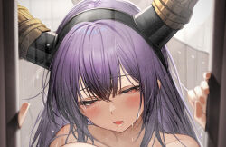 Rule 34 | 1girl, absurdres, arknights, black hairband, black horns, blush, breasts, hairband, highres, horns, large breasts, long hair, nude, open mouth, paid reward available, purple hair, red eyes, solo, sweat, tab head, typhon (arknights), upper body, wet