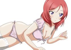 Rule 34 | 10s, 1girl, blush, breasts, cleavage, downblouse, kosu, large breasts, love live!, love live! school idol project, lying, medium hair, nail polish, nishikino maki, no bra, on side, panties, parted lips, pink nails, pink panties, purple eyes, red hair, simple background, solo, thighhighs, tsurime, underwear, white background