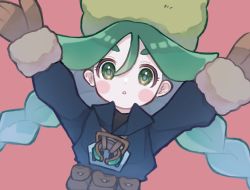 Rule 34 | 1girl, arms up, blush stickers, braid, brown bag, brown mittens, commentary, creatures (company), eyelashes, fur hat, fur trim, game freak, green eyes, green hair, green hat, hair between eyes, hat, jacket, long hair, long sleeves, looking at viewer, mittens, nintendo, parted lips, pink background, pokemon, pokemon legends: arceus, sabi (pokemon), simple background, sirayonemai, solo, twin braids, twintails, upper body