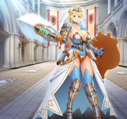 Rule 34 | 1girl, armor, armored dress, blue eyes, breasts, crown, female knight, glowing, holding, holding sword, holding weapon, knight, large breasts, runes, shield, solo, standing, sword, throne room, tiara, uncensored, weapon