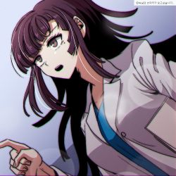 Rule 34 | 1girl, alternate costume, black hair, blue shirt, breasts, brown eyes, danganronpa (series), danganronpa 2: goodbye despair, gradient background, grey jacket, hand up, holding, jacket, large breasts, long hair, long sleeves, mole, mole under eye, open clothes, open jacket, shirt, solo, tansug (tansuk88), teeth, translation request, tsumiki mikan, two-tone background, upper teeth only