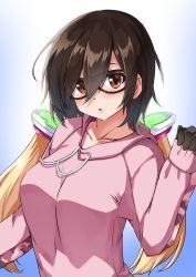 Rule 34 | 1girl, :o, aki rosenthal, alternate hairstyle, android, black-framed eyewear, blue background, blush, breasts, brown hair, camouflage, commentary request, detached hair, embarrassed, glasses, gradient background, gradient hair, hairstyle switch, haruka kuromiya, highres, hololive, hood, hoodie, long sleeves, looking at viewer, mechanical arms, medium breasts, multicolored hair, open mouth, pink hoodie, roboco-san, roboco-san (hoodie), short hair, sleeves past wrists, solo, upper body, virtual youtuber