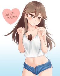 Rule 34 | 1girl, 2022, ame-san, arashio (kancolle), bare arms, between breasts, blue background, blue shorts, blush, breasts, brown eyes, brown hair, cleavage, closed mouth, collarbone, cowboy shot, dated, frown, gradient background, hair between eyes, head tilt, heart, highres, kantai collection, long hair, looking at viewer, micro shorts, midriff, navel, open clothes, open shorts, panties, panty peek, shorts, small breasts, solo, standing, stomach, straight hair, tank top, thigh gap, twitter username, underwear, very long hair, white background, white panties, white tank top