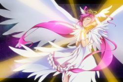 Rule 34 | 10s, 1girl, cure happy, cure happy (princess form), dam-miyuki, dress, closed eyes, gloves, head wings, hoshizora miyuki, long hair, magical girl, own hands together, pink hair, precure, smile precure!, solo, tiara, twintails, wings