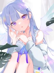 Rule 34 | 1girl, 91 (9 il1), ayatsuno yuni, breasts, cleavage, commentary, gradient bow, gradient wings, grey hair, highres, jacket, long hair, looking at viewer, medium breasts, multicolored wings, open mouth, plant, purple eyes, solo, stellive, symbol-only commentary, virtual youtuber, white jacket, wings
