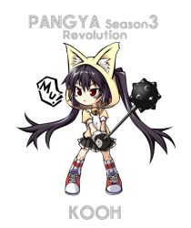 Rule 34 | 1girl, :&lt;, animal ears, animal hood, bell, black hair, black skirt, cat ears, character name, chibi, copyright name, full body, hood, jingle bell, jitome, kooh, long hair, looking away, mace, no nose, pangya, red eyes, rockeight, shoes, skirt, socks, solo, spiked mace, spikes, standing, twintails, weapon, white background