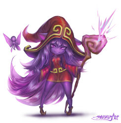 Rule 34 | 1girl, absurdres, animal ears, artist name, bare legs, breasts, colored skin, curvy, dress, fairy, familiar, full body, hair between eyes, hat, highres, holding, league of legends, long hair, long sleeves, looking at viewer, lulu (league of legends), matching hair/eyes, mayhem art, messy hair, petite, pix (league of legends), pointy ears, pointy footwear, pointy hair, purple eyes, purple hair, purple skin, robe, shoes, simple background, small breasts, smile, staff, standing, very long hair, white background, wide sleeves, witch hat, wizard hat, yordle