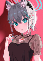 Rule 34 | 1girl, absurdres, animal ear fluff, animal ears, blouse, blue archive, blue eyes, blush, breasts, choker, cross, cross earrings, cross hair ornament, earrings, film grain, flat color, grey hair, hair ornament, halo, hand on own chest, highres, jewelry, ligne claire, looking at viewer, makeup, medium hair, mismatched pupils, nail polish, ponytail, red background, rindou ringdong, scrunchie, see-through, see-through shirt, see-through sleeves, shadow, shiroko (blue archive), shirt, short sleeves, small breasts, solo, upper body