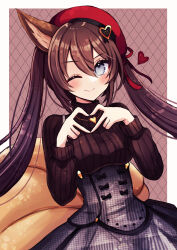 Rule 34 | 1girl, absurdres, animal ears, beret, blue eyes, brown hair, caleen keemosn, commission, female focus, fox ears, fox girl, fox tail, hair ribbon, hat, heart, heart hands, heart necklace, highres, illkoya, jewelry, long hair, looking at viewer, multiple tails, necklace, one eye closed, ribbon, runes, smile, star ocean, star ocean anamnesis, tail, turtleneck, twintails, valentine, very long hair, wink
