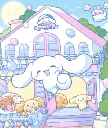 Rule 34 | 1boy, :3, balloon, blush, blush stickers, cafe, cinnamoroll, closed eyes, closed mouth, cloud, curled tail, dog, flower, highres, jumping, long hair, loveycloud, multiple others, open mouth, sanrio, sign, sun, tail, tree, waving, white dog