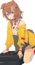 Rule 34 | 1girl, animal ears, blue bow, blush, bone hair ornament, bow, braid, breasts, brown hair, cartoon bone, choker, cleavage, closed mouth, collarbone, commentary request, dog ears, dog girl, dog tail, dress, hair between eyes, hair ornament, hair over shoulder, highres, hololive, inugami korone, inugami korone (1st costume), jacket, long hair, long sleeves, looking at viewer, medium breasts, mieharu, off shoulder, open clothes, open jacket, puffy long sleeves, puffy sleeves, red bow, red choker, red eyes, simple background, sleeveless, sleeveless dress, solo, tail, tongue, tongue out, twin braids, virtual youtuber, white background, white dress, yellow jacket