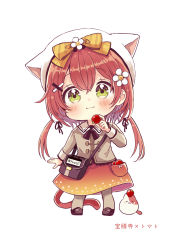 Rule 34 | 1girl, :i, absurdres, animal, animal ears, animal hat, bag, beret, black bow, black footwear, blouse, blush, bow, cat, cat ears, cat hat, cat tail, closed mouth, collared shirt, diagonal-striped bow, eating, fake animal ears, flower, food, full body, green eyes, grey pantyhose, grey shirt, hair between eyes, hair flower, hair ornament, hairclip, hat, highres, holding, holding food, long hair, long sleeves, looking at viewer, original, pantyhose, red hair, red skirt, sakura oriko, shirt, shoes, shoulder bag, simple background, skirt, solo, standing, tail, translated, two side up, very long hair, wavy hair, white background, white flower, white hat, x hair ornament, yellow bow