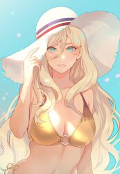 Rule 34 | 1girl, bikini, blonde hair, blue eyes, blush, breasts, hair between eyes, hat, highres, kantai collection, kasumi (skchkko), large breasts, long hair, looking at viewer, mole, mole under eye, mole under mouth, o-ring, o-ring top, richelieu (kancolle), side-tie bikini bottom, solo, swimsuit