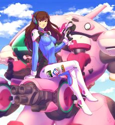 Rule 34 | 1girl, arm support, blue sky, bodysuit, breasts, cloud, crossed legs, d.va (overwatch), dated, female focus, gun, holding, holding gun, holding pistol, holding weapon, charm (object), long hair, looking at viewer, mecha, medium breasts, outdoors, overwatch, overwatch 1, robot, shunkaku, signature, sitting, sky, solo, watermark, weapon, web address