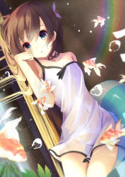 Rule 34 | 1girl, amahara pekozaemon, bad id, bad pixiv id, bare shoulders, bow, brown hair, dress, fish, hair bow, hand on own face, night, night sky, original, see-through, sky, solo, star (sky), strap pull, sundress, tagme, wooden floor