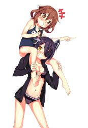 Rule 34 | +++, 10s, 2girls, :d, absurdres, bad id, bad pixiv id, barefoot, bikini, blush, breasts, brown eyes, brown hair, carrying, cleavage, fang, feet, frilled bikini, frills, hair over one eye, highres, ikazuchi (kancolle), jacket, kantai collection, kantoku (style), kawai (purplrpouni), multiple girls, navel, one-piece swimsuit, open mouth, pointing, purple hair, school swimsuit, shoulder carry, smile, swimsuit, tenryuu (kancolle), toes, white background, yellow eyes