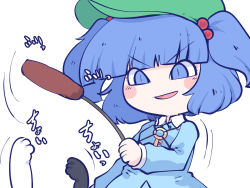 Rule 34 | 1girl, blue eyes, blue hair, blue shirt, blue skirt, blush stickers, chahan (fried rice0614), green hat, hair bobbles, hair ornament, hat, kawashiro nitori, key, long sleeves, motion lines, one-hour drawing challenge, open mouth, shirt, short hair, simple background, skirt, smile, solo, touhou, two side up, white background