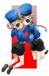 Rule 34 | 10s, 2girls, :/, armband, bad id, bad pixiv id, belt, black footwear, black gloves, black necktie, black shorts, blue hat, blue shirt, blush, bow, braid, caroline (persona 5), closed mouth, clothes writing, collared shirt, expressionless, from behind, full body, gloves, gradient background, hair bow, hat, holding hands, interlocked fingers, justine (persona 5), kneehighs, kneeling, long hair, long sleeves, looking back, multiple girls, necktie, one eye covered, persona, persona 5, pocket, shiosoda, shirt, shoes, shorts, siblings, silver hair, single braid, sisters, smile, socks, thighs, twins, white legwear, wing collar, yellow eyes