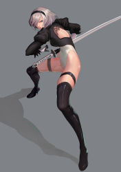 Rule 34 | 1girl, absurdres, alternate eye color, black gloves, black hairband, boots, cleavage cutout, closed mouth, clothing cutout, commentary request, expressionless, feather-trimmed sleeves, full body, gloves, groin, hairband, high heel boots, high heels, highleg, highleg leotard, highres, holding, holding sword, holding weapon, juliet sleeves, leather, leather boots, legs apart, leotard, long hair, long sleeves, looking down, nier (series), nier:automata, no blindfold, puffy sleeves, purple eyes, silver hair, simple background, solo, standing, sword, thigh boots, thighhighs, thighs, turtleneck, vambraces, virtuous contract, weapon, white background, 2b (nier:automata)