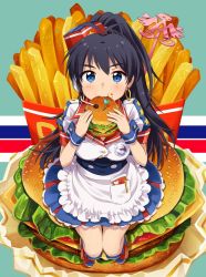 Rule 34 | 1girl, antenna hair, apron, badge, black hair, blue eyes, breasts, burger, button badge, buttons, cheese, cleavage, earrings, eating, employee uniform, eyebrows, fast food uniform, food, food on face, french fries, full body, ganaha hibiki, hat, headset, heart, high ponytail, hiiringu, holding, holding food, hoop earrings, idol, idolmaster, idolmaster (classic), jewelry, lettuce, long hair, looking at viewer, pen, ponytail, puffy short sleeves, puffy sleeves, short sleeves, solo, star (symbol), tomato, uniform, waist apron, waitress, wrist cuffs