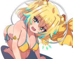 Rule 34 | + +, 1girl, all fours, bikini, blonde hair, blue eyes, blue hair, bombergirl, bow, breasts, cleavage, clover, colored tips, fuse tail, hair intakes, haraki ctake, large breasts, looking at viewer, multicolored hair, open mouth, oppai loli, pine (bombergirl), side-tie bikini bottom, simple background, solo, swimsuit, symbol-shaped pupils, tail, tail bow, tail ornament, white background, yellow bikini, yellow pupils
