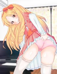 Rule 34 | 10s, 1girl, absurdres, ass, blonde hair, bow, closed mouth, clothes lift, curtains, dress, dress bow, dress lift, drill hair, eromanga sensei, female focus, floor, from behind, gaburityu, hair bow, highres, lifted by self, long hair, long sleeves, looking at viewer, panties, pink panties, solo, standing, tablet, television, thighhighs, twin drills, underwear, white thighhighs, wooden floor, yamada elf