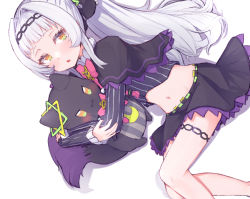 Rule 34 | 1girl, 22806, black capelet, black shirt, black skirt, blunt bangs, bow, bowtie, brooch, capelet, commentary request, crop top, cropped shirt, feet out of frame, grey hair, hairband, hololive, hugging object, jewelry, legs, long hair, long sleeves, looking at viewer, lying, midriff, murasaki shion, murasaki shion (1st costume), navel, on side, orange eyes, pink bow, pink bowtie, pinstripe pattern, pinstripe shirt, shadow, shirt, short eyebrows, sidelocks, skirt, solo, star brooch, striped clothes, striped shirt, stuffed toy, thigh strap, thighs, vertical-striped clothes, vertical-striped shirt, virtual youtuber