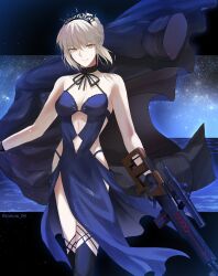 Rule 34 | 1girl, artoria pendragon (alter swimsuit rider) (fate), artoria pendragon (alter swimsuit rider) (third ascension) (fate), artoria pendragon (fate), bad gun anatomy, bare shoulders, black gloves, blonde hair, clothing cutout, dragunov svd, fate/grand order, fate (series), gloves, gun, highres, holding, holding gun, holding weapon, looking at viewer, minoe08, navel cutout, rifle, scope, sniper rifle, solo, tiara, upper body, weapon, yellow eyes