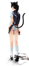 Rule 34 | 1girl, absurdres, animal ears, ass, ass cutout, backpack, bag, black footwear, black hair, blue skirt, butt crack, cat, cat ears, cat girl, cat tail, cellphone, clothes lift, clothing cutout, doroti., extra ears, facing away, from behind, full body, highres, holding, holding phone, kneehighs, long hair, original, panties, phone, phone with ears, ponytail, school uniform, shirt, shoes, short sleeves, simple background, skirt, skirt lift, smartphone, socks, solo, standing, tail, tail raised, tail through clothes, underwear, wardrobe malfunction, white background, white panties, white shirt, white socks