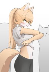 Rule 34 | 2others, ?, animal ears, black pants, blonde hair, clothes lift, fox ears, fox girl, fox tail, furry, furry female, highres, jeifier (korfiorano01), long hair, midriff, multiple others, original, pants, ponytail, shirt, shirt lift, stomach, tail, undressing, white shirt, yellow eyes