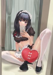 Rule 34 | 1girl, apron, arm support, black footwear, black hair, black skirt, black thighhighs, blue eyes, blunt bangs, blush, breasts, cellphone, closed mouth, commentary request, crop top, curtains, female pov, frilled apron, frilled shirt, frilled shirt collar, frilled sleeves, frills, heart, heart-shaped pillow, high heels, highres, holding, holding phone, indoors, instagram username, leaning back, long hair, maid, maid headdress, medium breasts, midriff, miniskirt, mirror, mole, mole under eye, original, panties, panty peek, phone, pillow, pov, puffy short sleeves, puffy sleeves, reflection, selfie, seozo, shirt, short sleeves, sitting, skindentation, skirt, smartphone, smile, solo, spread legs, taking picture, thighhighs, twitter username, underwear, upskirt, waist apron, white apron, white panties
