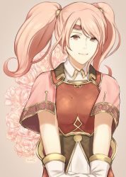 Rule 34 | 1girl, absurdres, armor, bad id, bad twitter id, blush, breastplate, cape, circlet, fire emblem, fire emblem echoes: shadows of valentia, hakirino, highres, long hair, looking at viewer, mae (fire emblem), nintendo, pink hair, red eyes, simple background, smile, solo, twintails
