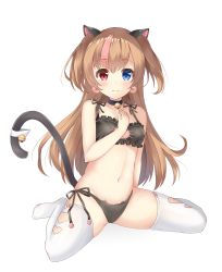 Rule 34 | 1girl, absurdres, animal ears, bell, black bra, black panties, blue eyes, blush, bra, breasts, brown hair, cat ears, cat lingerie, cat tail, cleavage, cleavage cutout, closed mouth, clothing cutout, collar, earrings, full body, girls&#039; frontline, heart, heart earrings, heterochromia, highres, jewelry, long hair, looking at viewer, medium breasts, meme attire, mk23 (girls&#039; frontline), navel, neck bell, panties, red eyes, seventeen (st17215), sitting, smile, solo, tail, thighhighs, thighs, underwear, white thighhighs