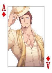 Rule 34 | 00047, 1boy, ace (playing card), ace of diamonds, bara, beige jacket, beige shirt, black vest, blue eyes, brown hair, cross scar, diamond (shape), facial hair, fate/grand order, fate (series), goatee, hat, unworn hat, unworn headwear, ladies &amp; gentlemen (fate/grand order), long sideburns, male focus, mature male, muscular, muscular male, napoleon bonaparte (fate), official alternate costume, partially unbuttoned, pectoral cleavage, pectorals, playing card, poker, scar, scar on chest, scarf, short hair, sideburns, smile, solo, upper body, vest, yellow scarf