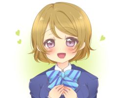 Rule 34 | 1girl, aqua bow, artist name, artist request, blue bow, blue cardigan, blue jacket, blush, bow, bowtie, breasts, brown hair, cardigan, collared shirt, female focus, hair between eyes, heart, heart (symbol), jacket, koizumi hanayo, long sleeves, love live!, love live! school idol project, medium breasts, otonokizaka school uniform, purple eyes, school uniform, shirt, short hair, solo, striped, striped bow, upper body, white background, white shirt
