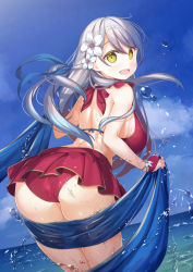 Rule 34 | 1girl, :d, ass, back, bare shoulders, bikini, bikini skirt, blue scarf, blue sky, breasts, cowboy shot, fingerless gloves, fire emblem, fire emblem: radiant dawn, fire emblem heroes, flower, gloves, grey hair, hair flower, hair ornament, half updo, large breasts, long hair, looking at viewer, looking back, micaiah (fire emblem), micaiah (summer) (fire emblem), microskirt, nintendo, official alternate costume, open mouth, red bikini, red gloves, scarf, sideboob, skirt, sky, smile, solo, swimsuit, thighs, to kifa, towel, water, wet, wet clothes, yellow eyes