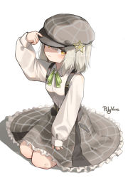 Rule 34 | 1girl, absurdres, arknights, arm up, bow, breasts, brown eyes, cabbie hat, closed mouth, collared shirt, commentary, dress shirt, frilled skirt, frills, full body, green bow, grey hat, grey skirt, hair between eyes, hair ornament, hand on headwear, hat, highres, korean commentary, light smile, long sleeves, looking at viewer, polyvora, puffy long sleeves, puffy sleeves, scene (arknights), seiza, shadow, shirt, signature, sitting, skirt, sleeves past wrists, small breasts, solo, star (symbol), star hair ornament, suspender skirt, suspenders, white background, white shirt
