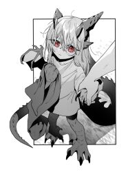 Rule 34 | 1boy, 1girl, animal feet, animal hands, blanket, child, claws, closed mouth, dragon girl, dragon horns, dragon tail, dragon wings, hair between eyes, holding hands, horns, long hair, monochrome, monster girl, mullmull02, original, outside border, pink eyes, slit pupils, solo focus, spot color, standing, tail, wings