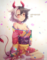 Rule 34 | 1girl, 2021, ahoge, alternate costume, bare shoulders, black hair, blush, bottle, breasts, cleavage, commentary request, confetti, cow horns, cow tail, gradient background, grey background, grey hair, hair between eyes, happy new year, highres, holding, holding bottle, horns, japanese clothes, kimono, large breasts, light smile, long sleeves, looking at viewer, multicolored hair, new year, obi, off shoulder, red eyes, sash, short hair, sitting, solo, split-color hair, tabi, tail, tomo takino, touhou, twitter username, two-tone hair, ushizaki urumi, wariza, white legwear, yellow kimono
