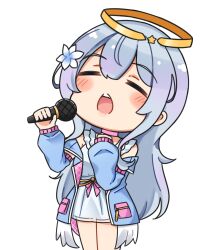 Rule 34 | 1girl, blue jacket, blush stickers, closed eyes, copyright request, dress, facing viewer, feathered wings, flower, grey hair, hair between eyes, hair flower, hair ornament, halo, hands up, highres, holding, holding microphone, jacket, long hair, long sleeves, low wings, microphone, off shoulder, open clothes, open jacket, open mouth, puffy long sleeves, puffy sleeves, rutorifuki, simple background, sleeveless, sleeveless dress, sleeves past wrists, solo, standing, very long hair, virtual youtuber, white background, white dress, white flower, white wings, wings