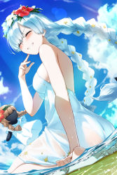 Rule 34 | 1girl, absurdres, anastasia (fate), anastasia (swimsuit archer) (fate), anastasia (swimsuit archer) (second ascension) (fate), bare shoulders, barefoot, beach, blue sky, blush, braid, breasts, closed eyes, doll, dress, dress swimsuit, fate/grand order, fate (series), feet, flower wreath, grin, hair over one eye, head wreath, highres, large breasts, long hair, see-through, shore, silver hair, sitting, sky, smile, thighs, tochi keisuke, twin braids, very long hair, viy (fate), wariza, white dress