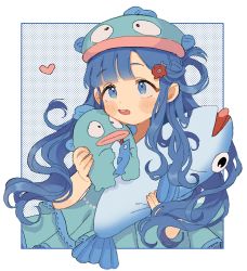 Rule 34 | 1girl, animal, blue border, blue eyes, blue hair, blush, border, character request, child, copyright request, curly hair, dot nose, dotted background, dress, fish, frilled dress, frills, green dress, hair ornament, hairclip, hat, heart, highres, holding, holding animal, holding fish, holding stuffed toy, long hair, looking up, open mouth, sidelocks, solo, stuffed toy, teeth, wadachi, white border