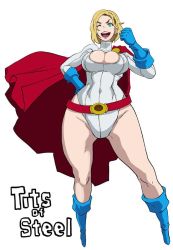 Rule 34 | 1girl, animification, belt, blonde hair, blue eyes, blue footwear, boots, breasts, butcha-u, cape, cleavage, cleavage cutout, clothing cutout, covered navel, dc comics, english text, gloves, kryptonian, large breasts, leotard, lips, one eye closed, open mouth, power girl, shoes, short hair, simple background, smile, solo, white background, wide hips