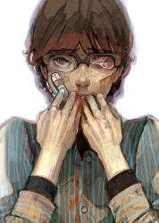 Rule 34 | androgynous, bandages, blood, blood from mouth, blood on clothes, blood on face, blouse, cuts, gender request, glasses, injury, shirt, simple background, solo, striped clothes, striped shirt, wada arco, white background