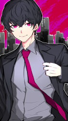 Rule 34 | 1boy, absurdres, adjusting clothes, black hair, black jacket, building, collared shirt, commentary, crossed bangs, english commentary, grey shirt, hair between eyes, highres, hizaki gamma (artist), jacket, looking at viewer, male focus, mixed-language commentary, necktie, open clothes, open jacket, original, outline, pink eyes, pink necktie, pink sky, shirt, short hair, sky, smile, solo, upper body, white outline